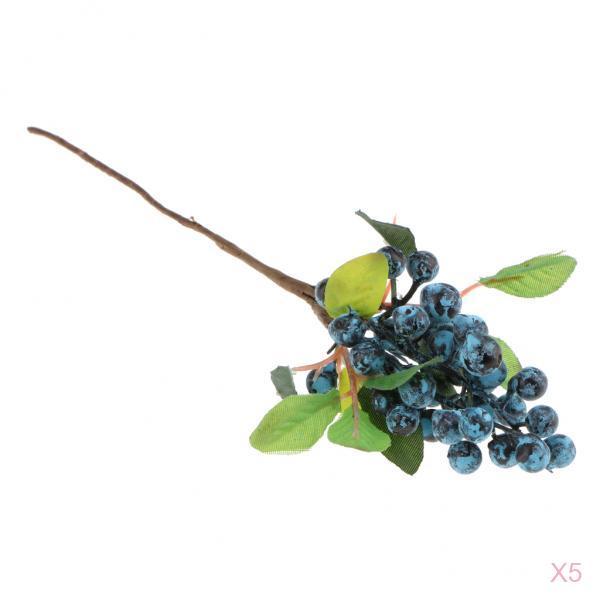 5x Plastic Artificial Fake Plant Fruit Berries Branches Home Cafe Decor Blue
