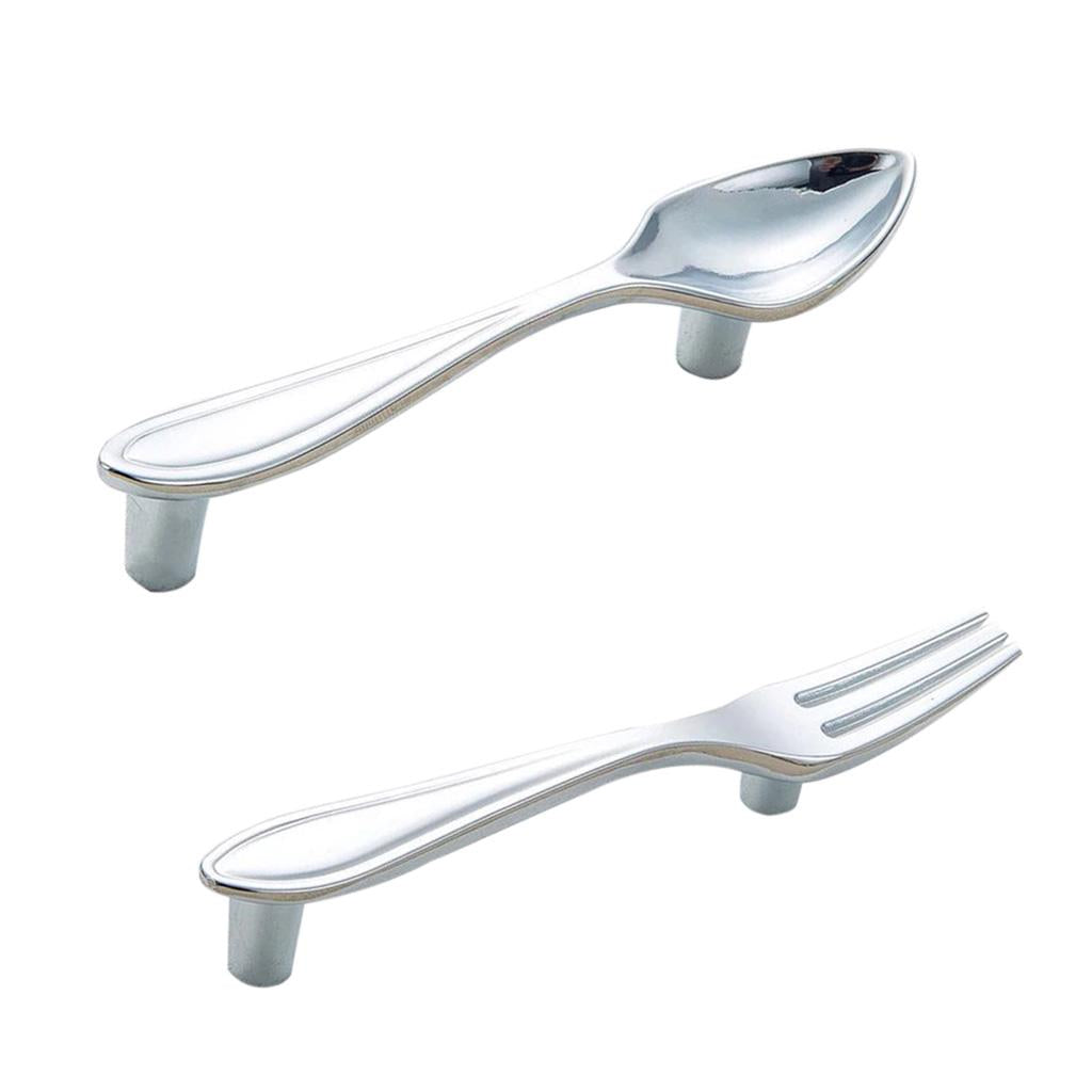 2pcs Creative Spoon Shaped Pull Handle Kitchen Cabinet Cupboard Knob Chrome
