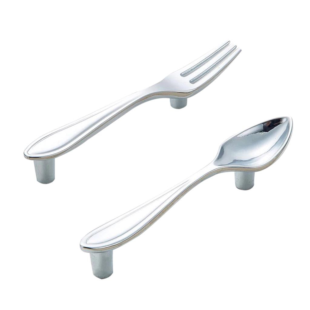 2pcs Creative Spoon Shaped Pull Handle Kitchen Cabinet Cupboard Knob Chrome
