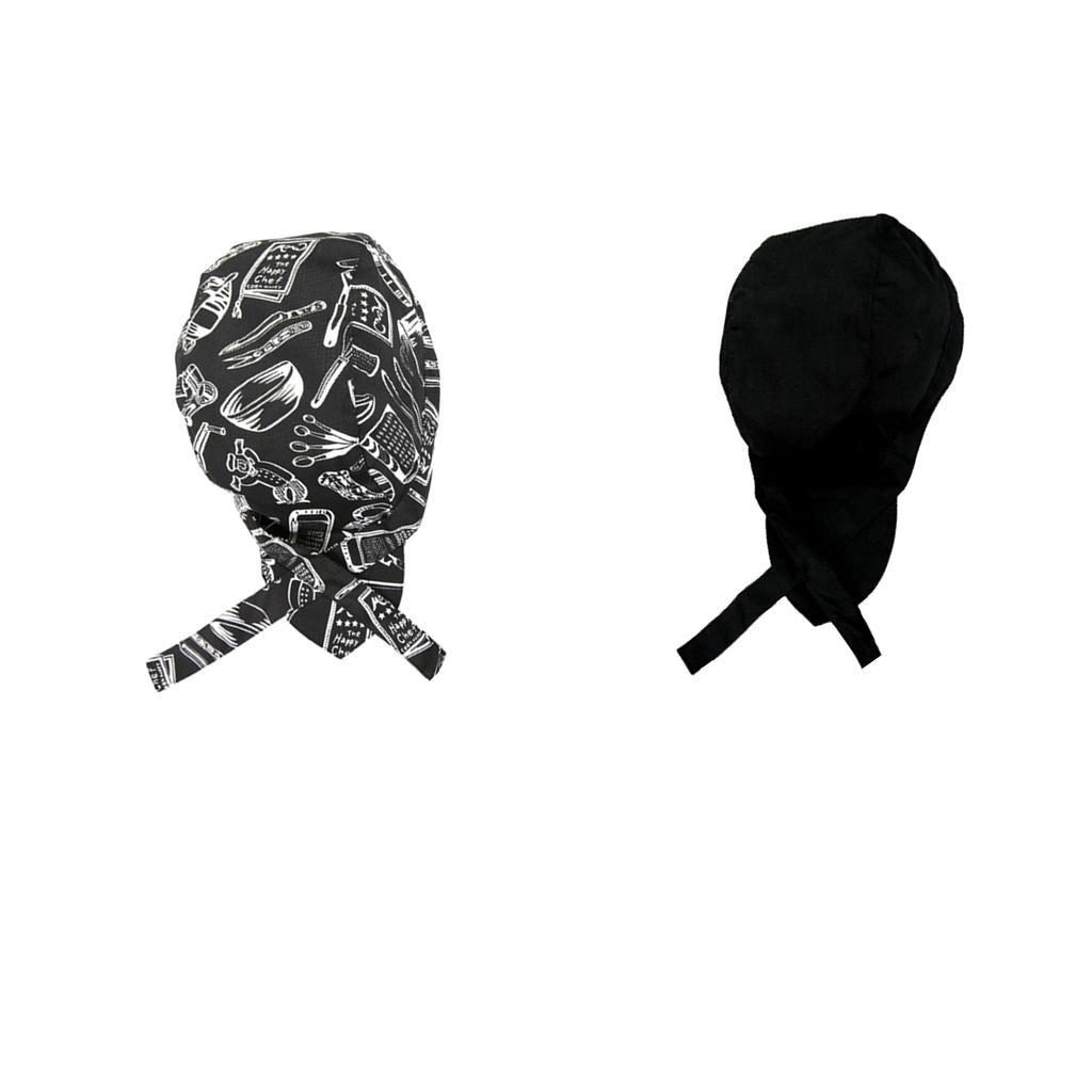 2 Pieces Catering Kitchen Chef Pirate Hat Skull Cap Tie Back Headwrap, Woman