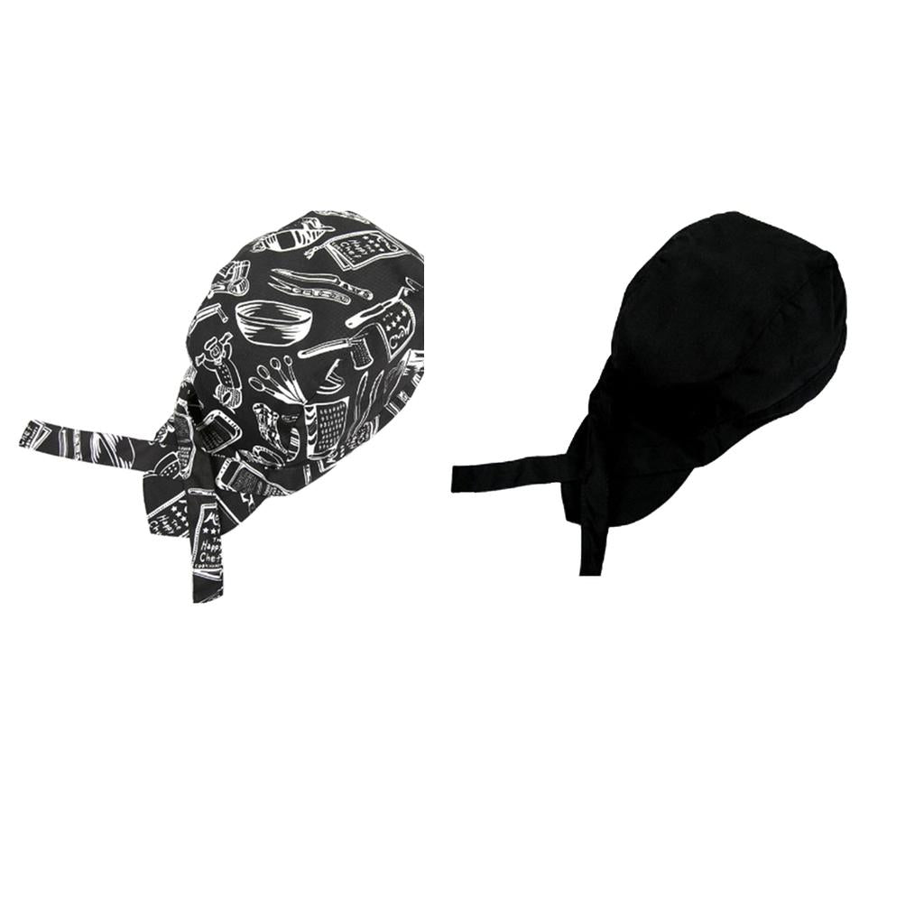 2 Pieces Catering Kitchen Chef Pirate Hat Skull Cap Tie Back Headwrap, Woman