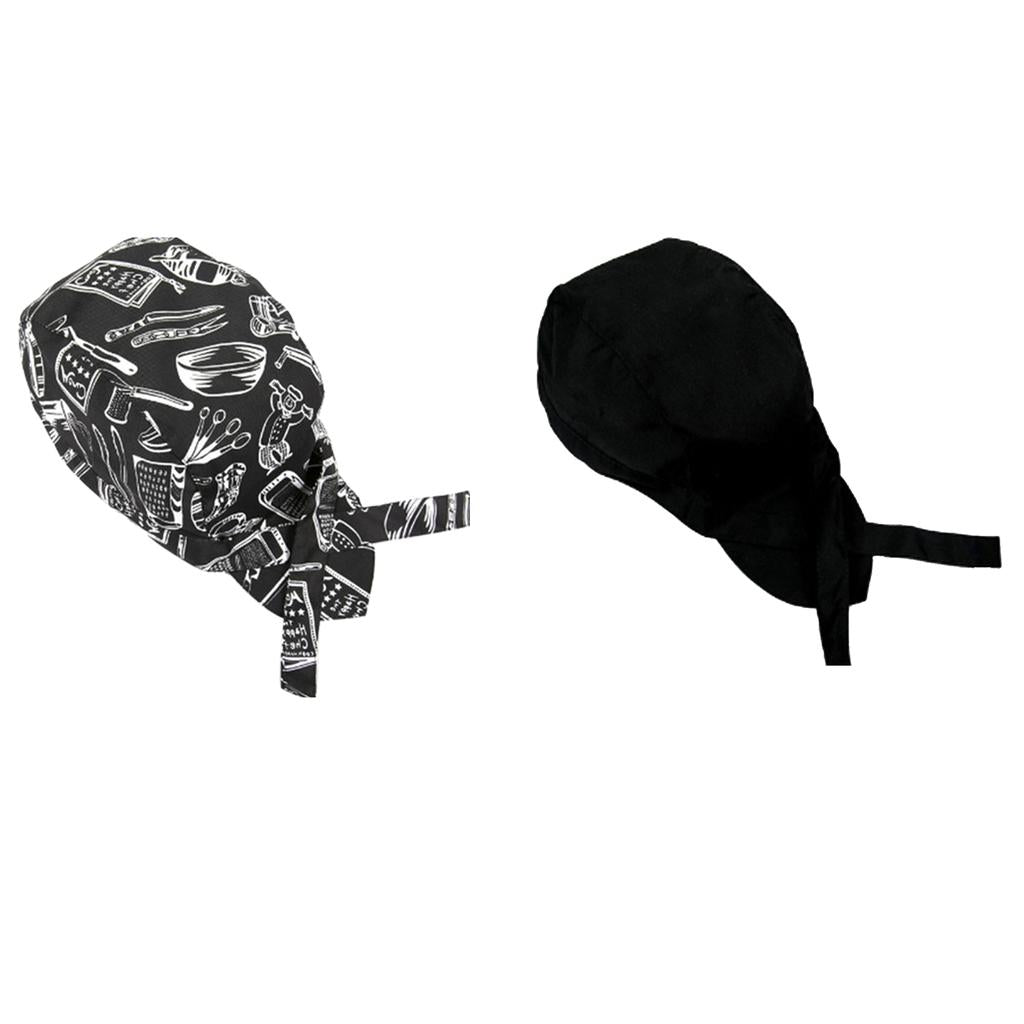 2 Pieces Catering Kitchen Chef Pirate Hat Skull Cap Tie Back Headwrap, Woman