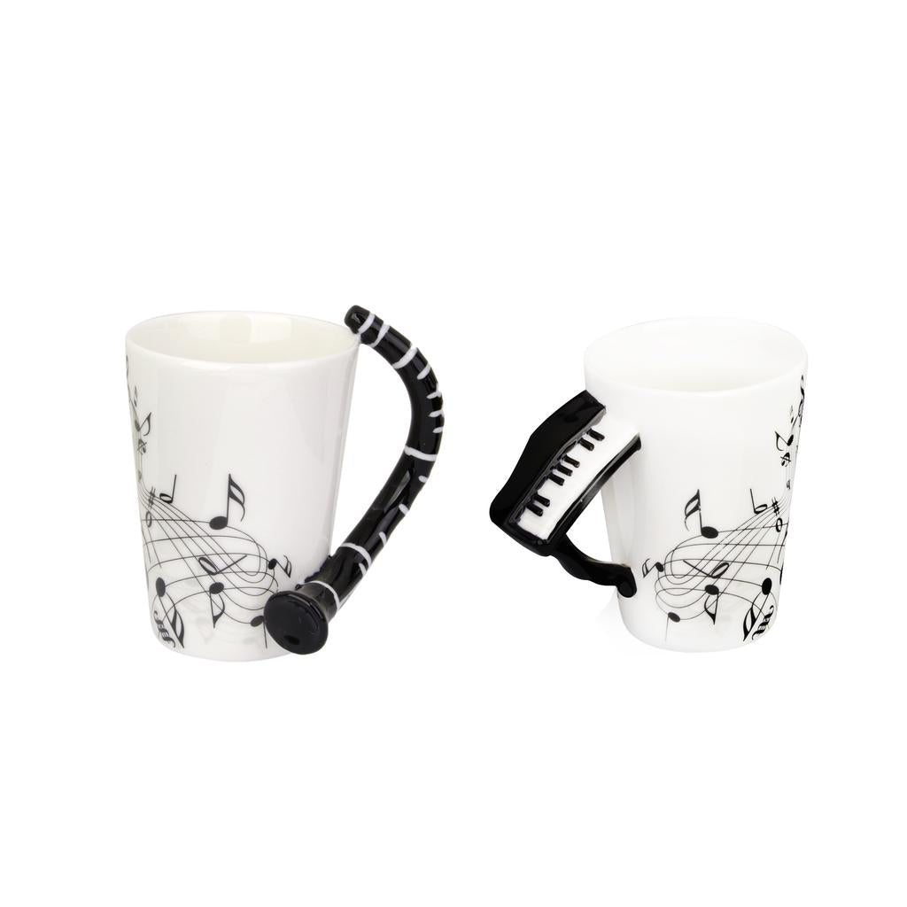 12pcs Music Piano Mug with Clarinet Shaped Handle Porcelain Cup Black Note