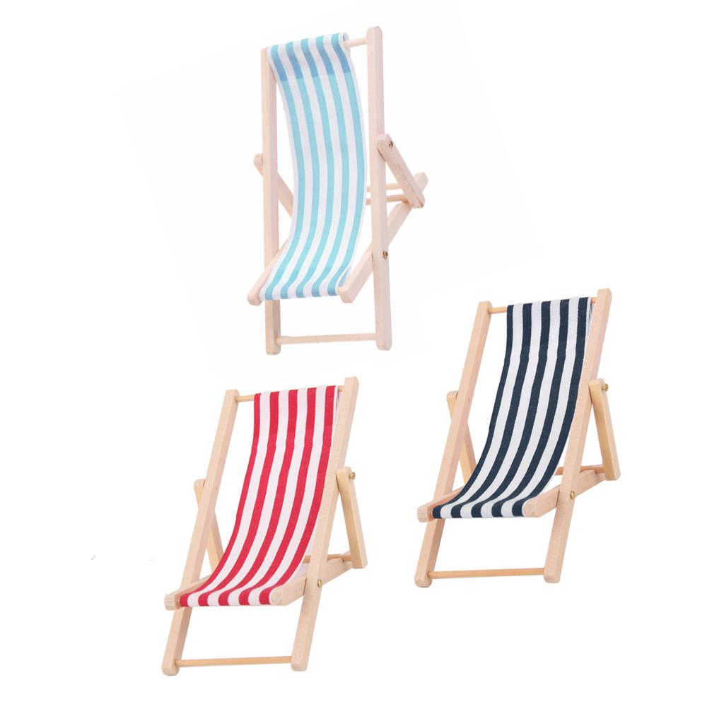 3pcs Mini Foldable Striped Wooden Lounge Chairs for 1/12 Dollhouse Furniture