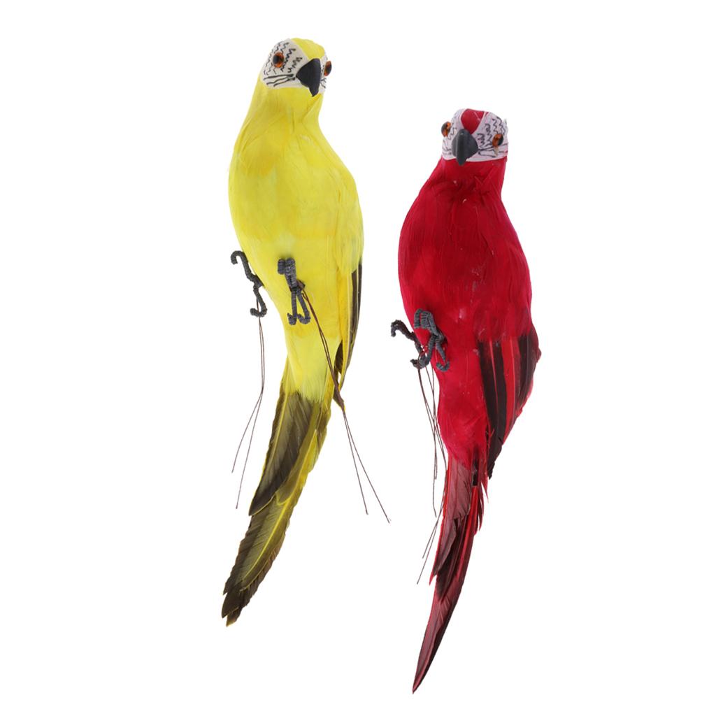 2x Realistic Parrot Artificial Feather Bird Animal Ornament Decor Red+Yellow