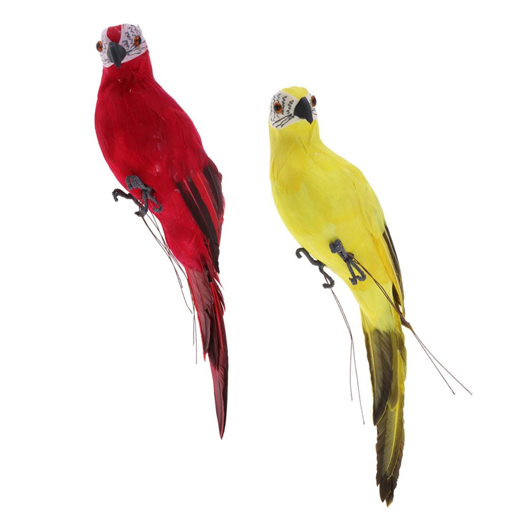 2x Realistic Parrot Artificial Feather Bird Animal Ornament Decor Red+Yellow