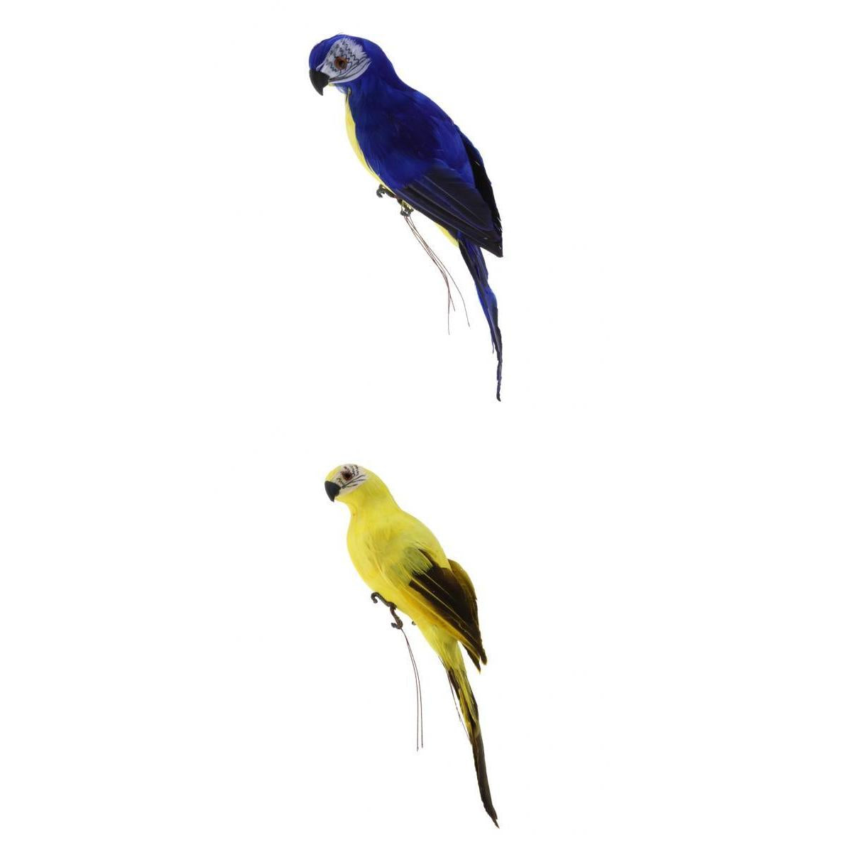 2x Realistic Parrot Artificial Feather Bird Animal Ornament Blue & Yellow
