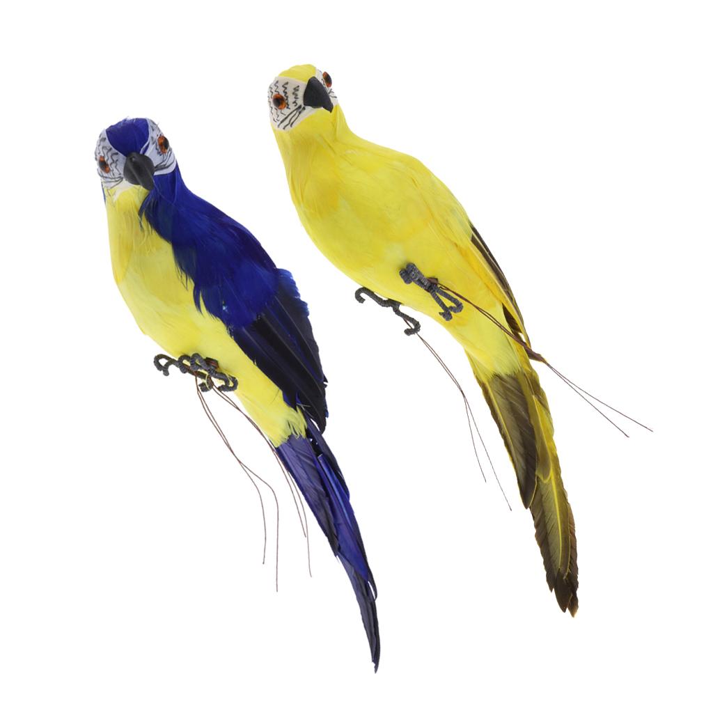 2x Realistic Parrot Artificial Feather Bird Animal Ornament Blue & Yellow
