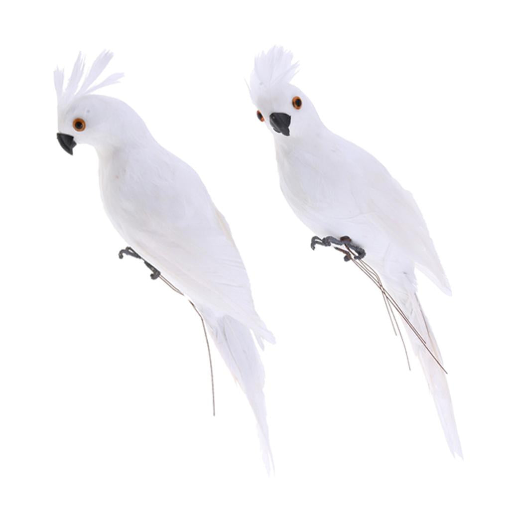 2x Realistic Macaw Parrot Artificial Feather Bird Animal Ornament Toy White