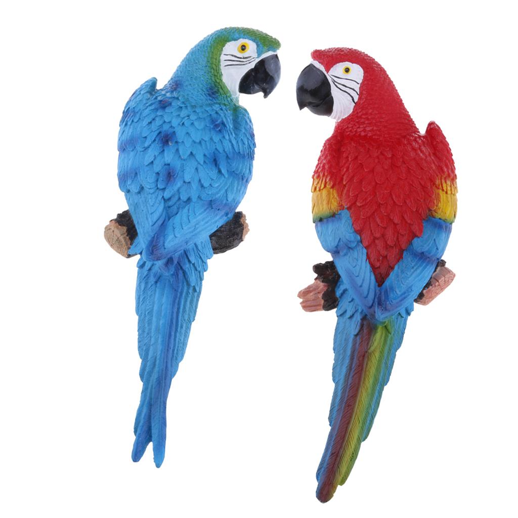 2x Realistic Parrot Resin Bird Animal 31cm Blue Look Right + Red Look Left