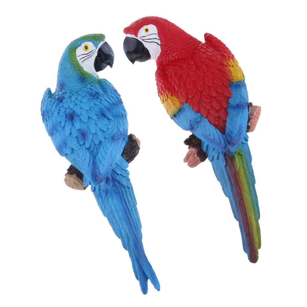 2x Realistic Parrot Resin Bird Animal 31cm Blue Look Right + Red Look Left