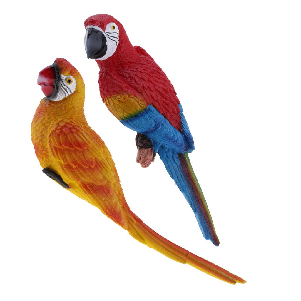 2x Realistic Parrot Resin Bird Animal 31cm Red Look Left & 29cm Yellow Lying