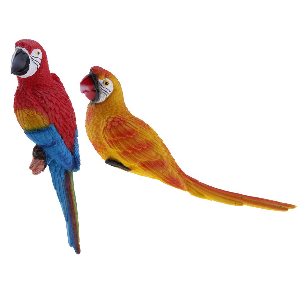 2x Realistic Parrot Resin Bird Animal 31cm Red Look Left & 29cm Yellow Lying