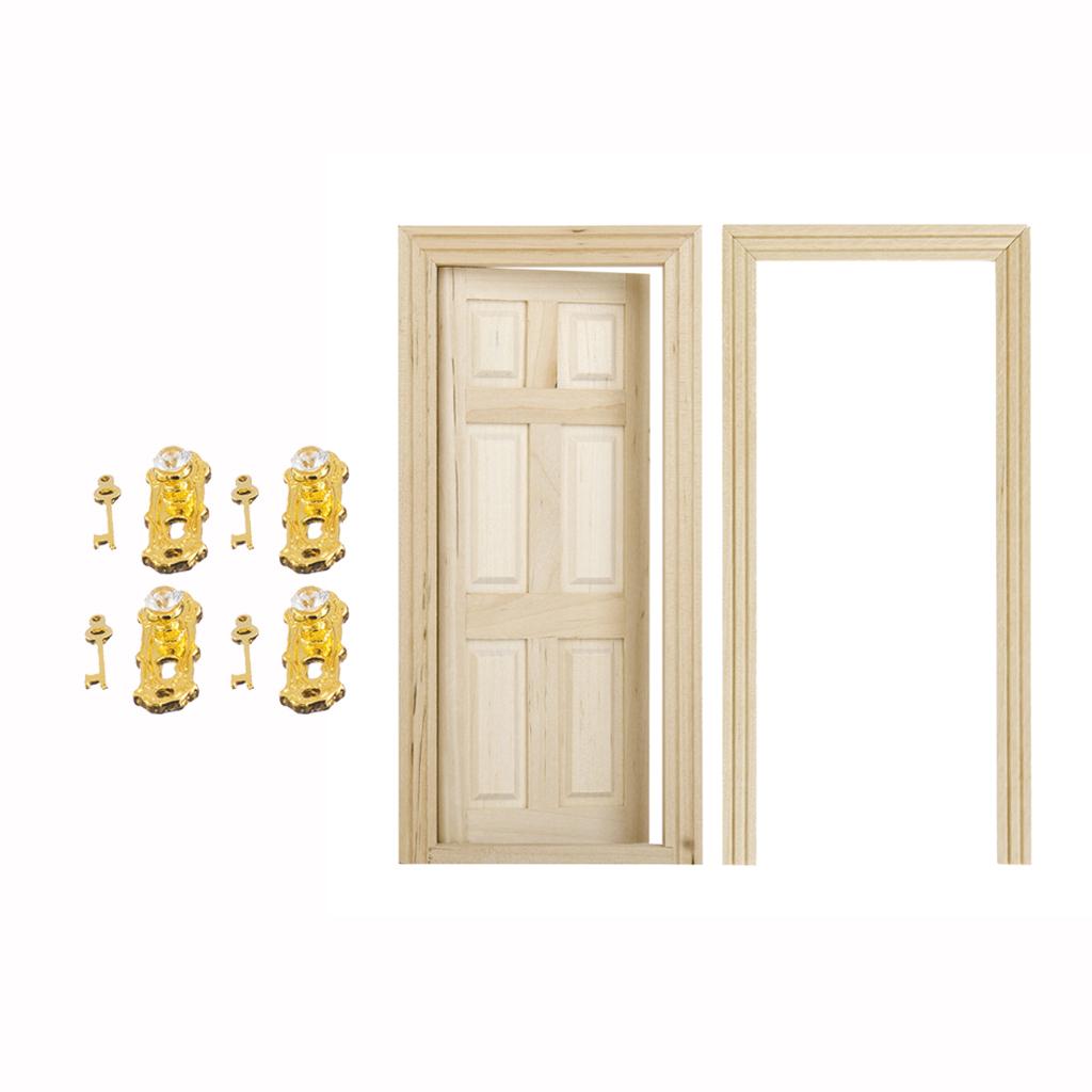 1/12 Dollhouse Miniature 6-Panel Interior Wooden Door With Lock And Keys