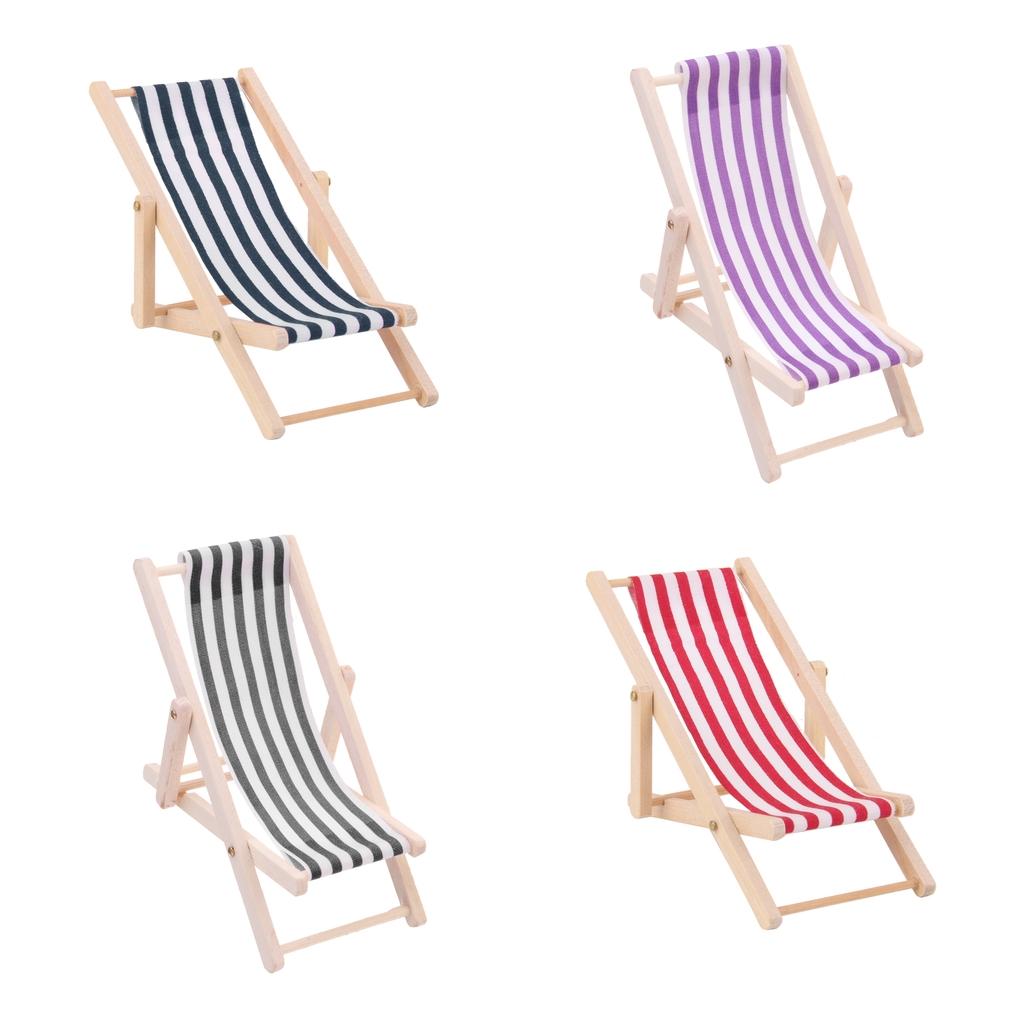 4pcs Mini Foldable Striped Wooden Lounge Chairs for 1/12 Dollhouse Furniture