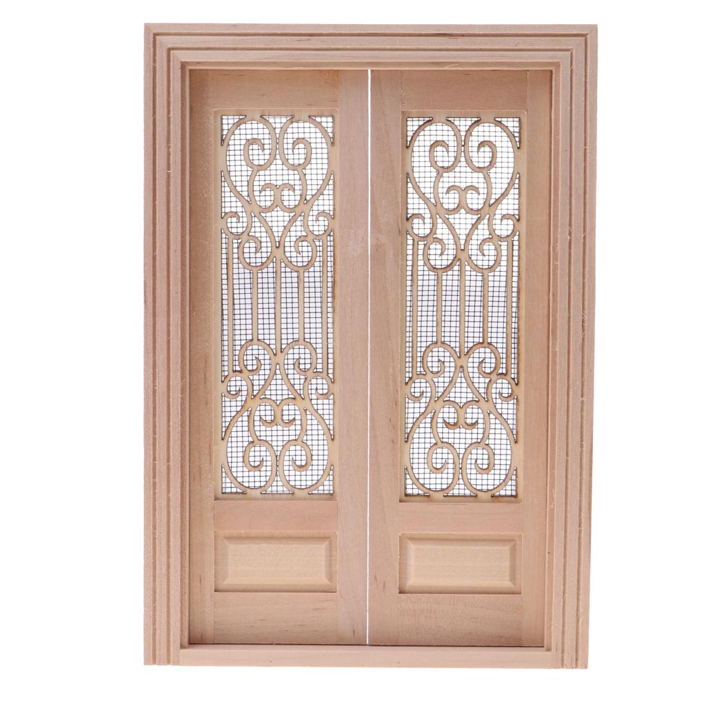 1/12 Dollhouse Mini Wood External Hollow Screen Double Door Unpainted 3 Set