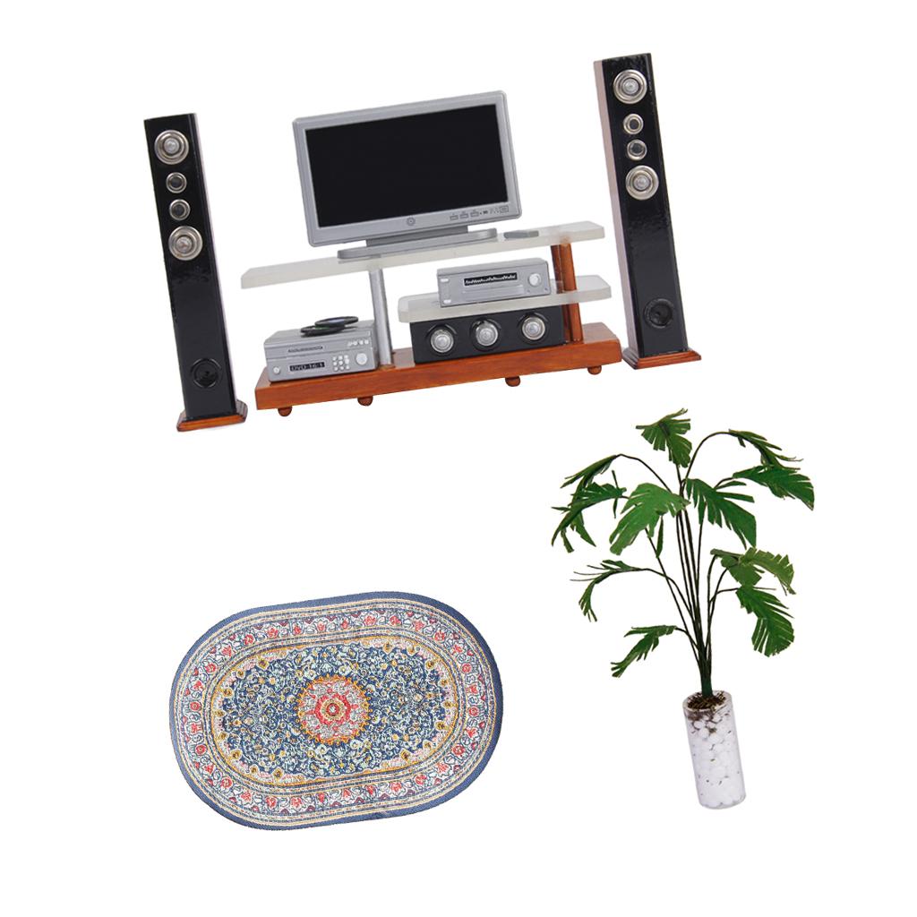 1/12 Dollhouse Mini Decoration Audio Equipment Set Woven Rug And Banana Tree