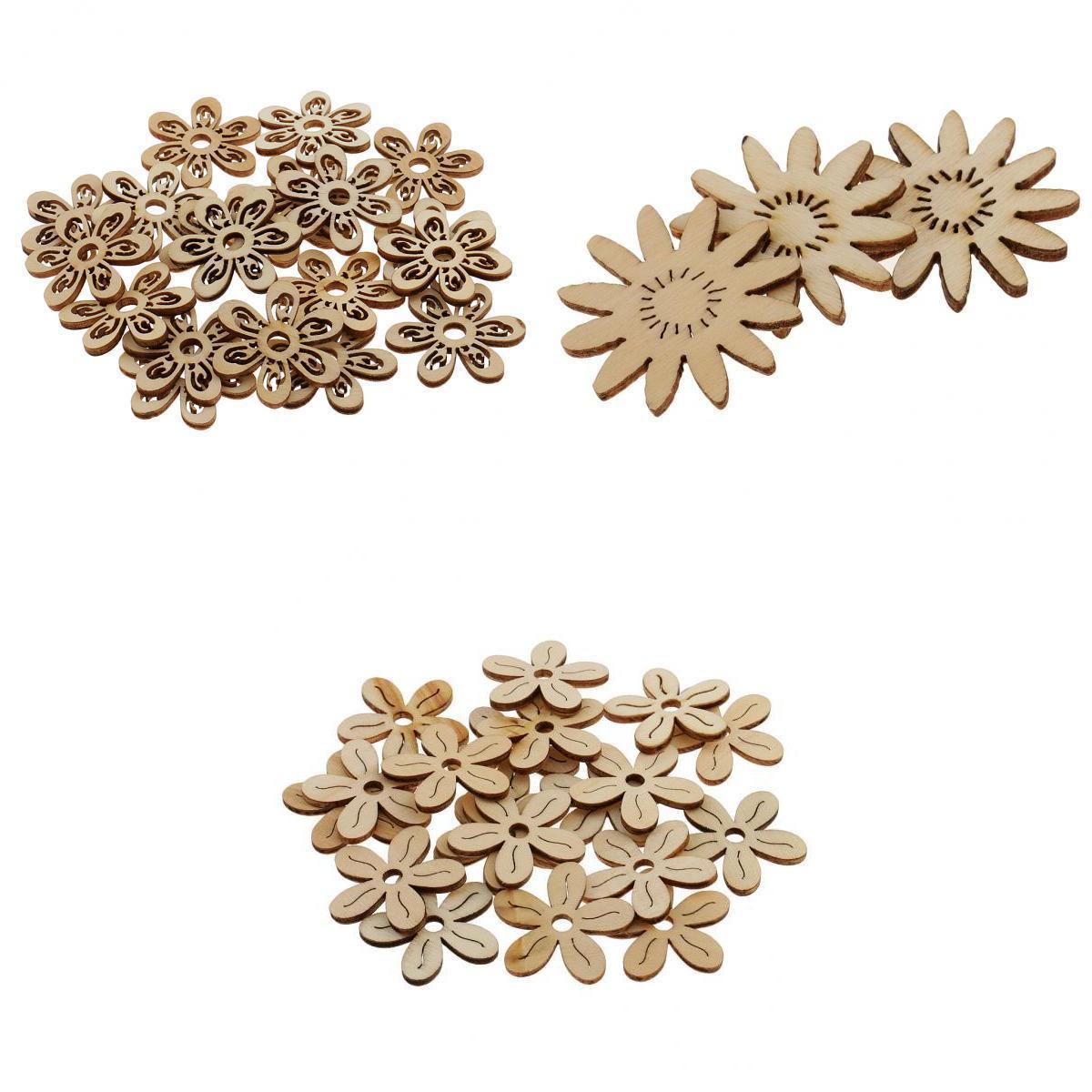 60 Pcs 35 mm Unfinished Hollow Flower Shape Wooden Pieces DIY Embellishment