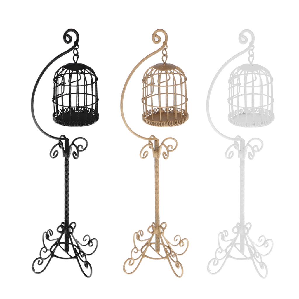 3 Pieces 1:12 Scale Metal Bird Cages with Stand Dollhouse Miniature