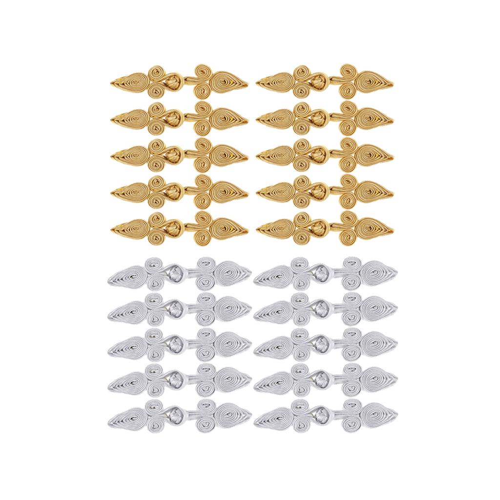 20 Pairs Chinese Frog Closure Buttons Knot Sewing Fasteners Silver/Gold