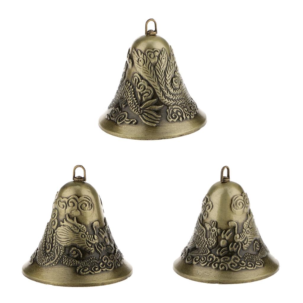 3pcs Feng Shui Chinese Metal Bell Charm Dragon and Phoenix Figure Decor