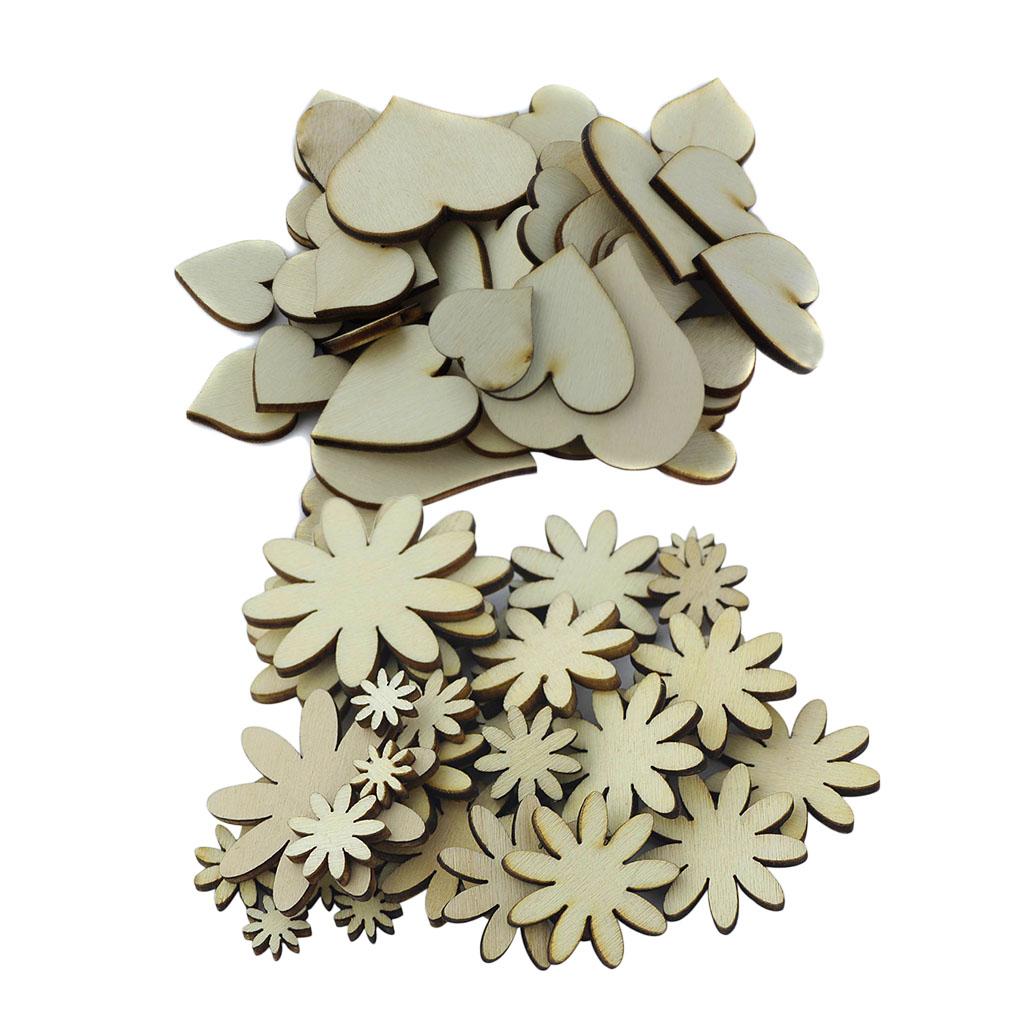 100 Pieces Mixed Size Flower Heart Shape Wooden Embellishments for DIY Craft