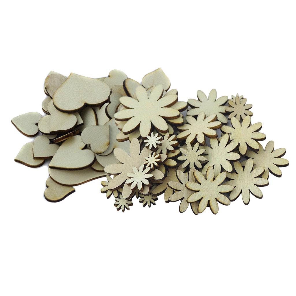 100 Pieces Mixed Size Flower Heart Shape Wooden Embellishments for DIY Craft