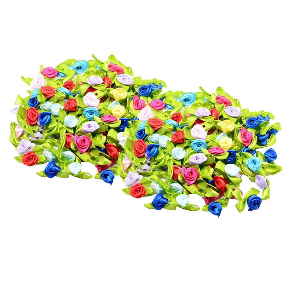 200 Pieces Mini Satin Ribbon Rose Flowers Leaf Sewing Embellishment Craft