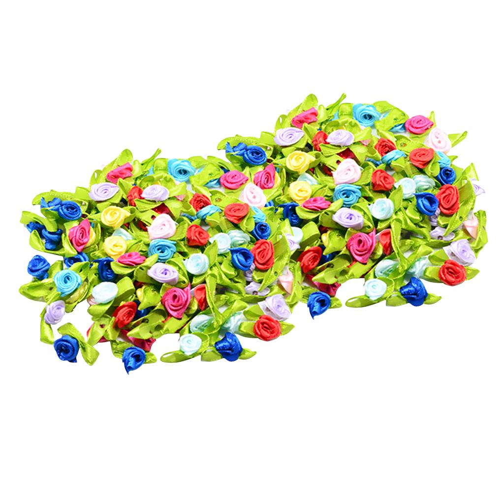 200 Pieces Mini Satin Ribbon Rose Flowers Leaf Sewing Embellishment Craft