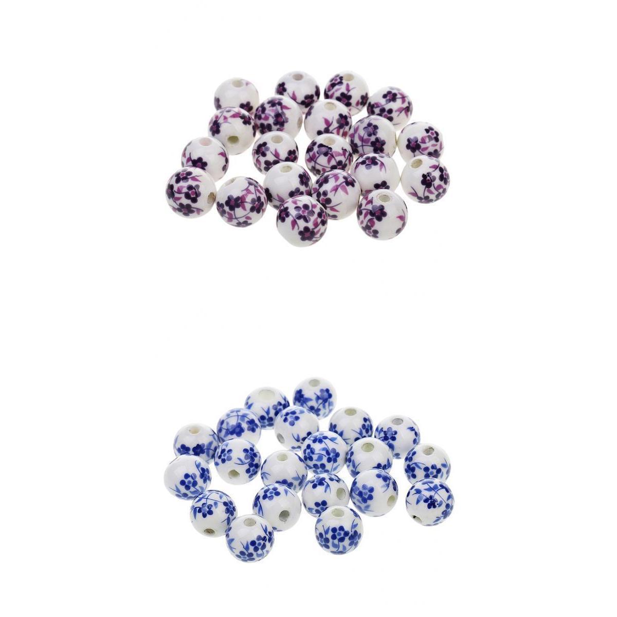 40Pcs Purple+ Blue Flower Ceramic Charms Porcelain DIY Loose Spacer Beads