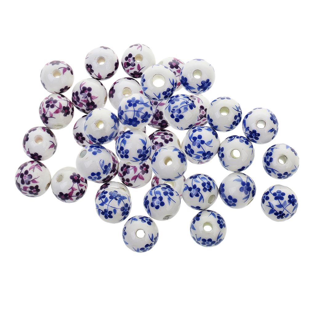 40Pcs Purple+ Blue Flower Ceramic Charms Porcelain DIY Loose Spacer Beads