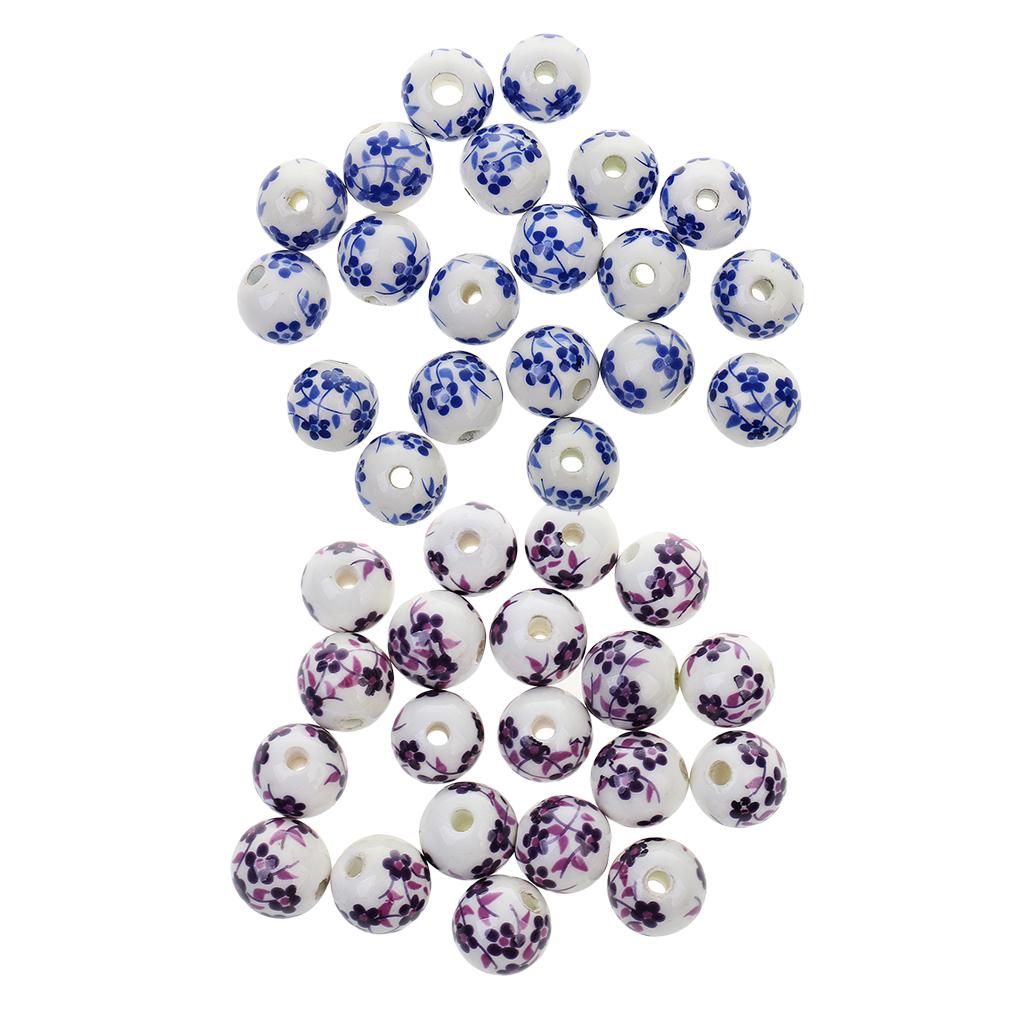 40Pcs Purple+ Blue Flower Ceramic Charms Porcelain DIY Loose Spacer Beads