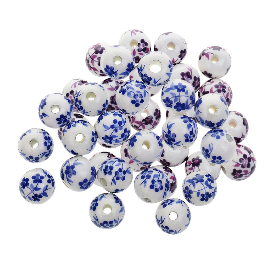 40Pcs Purple+ Blue Flower Ceramic Charms Porcelain DIY Loose Spacer Beads