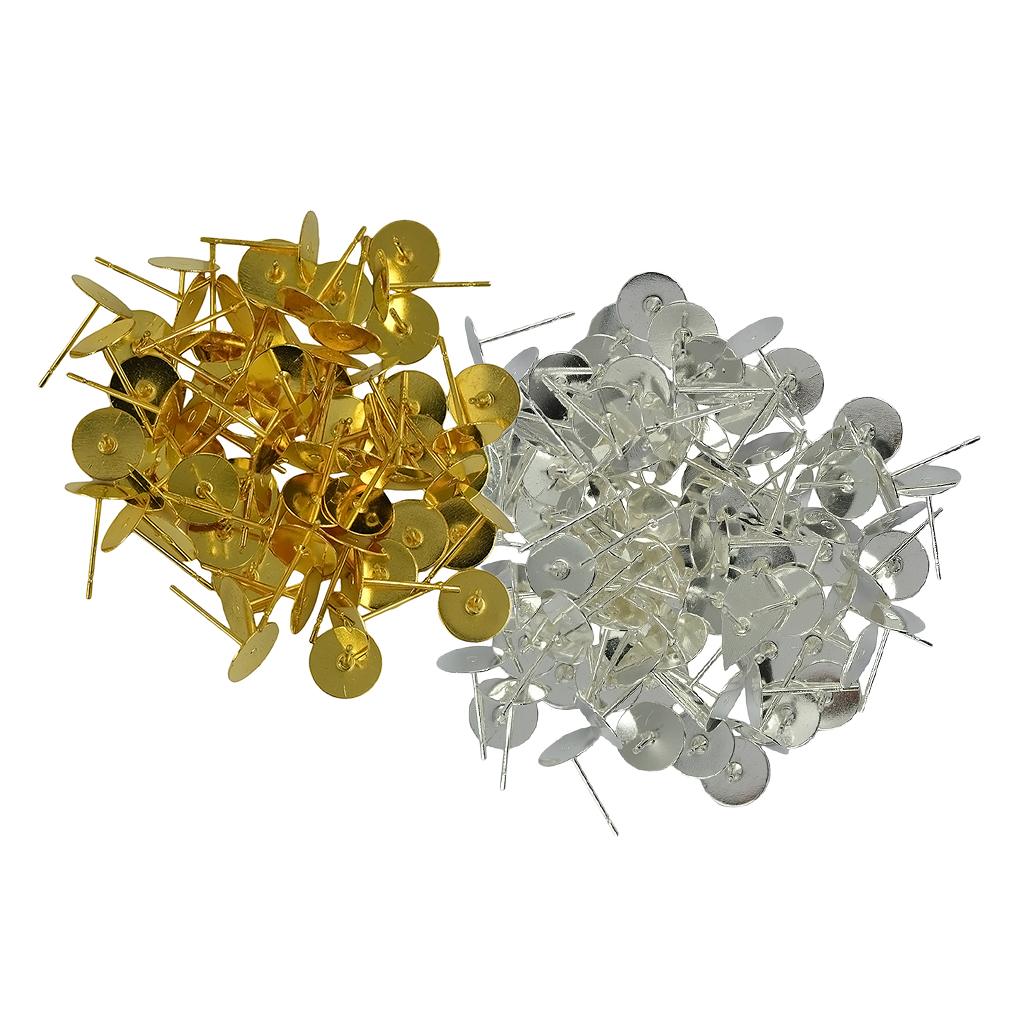 200Pcs Blank Pad Stud Earring Post Ear Stud Gold+Silver White Earbob Metal