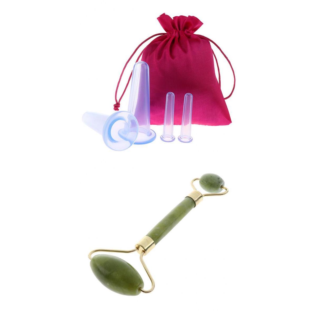 4pcs Silicone Anti Cellulite Massage Vacuum Cupping Cups Set + Jade Roller