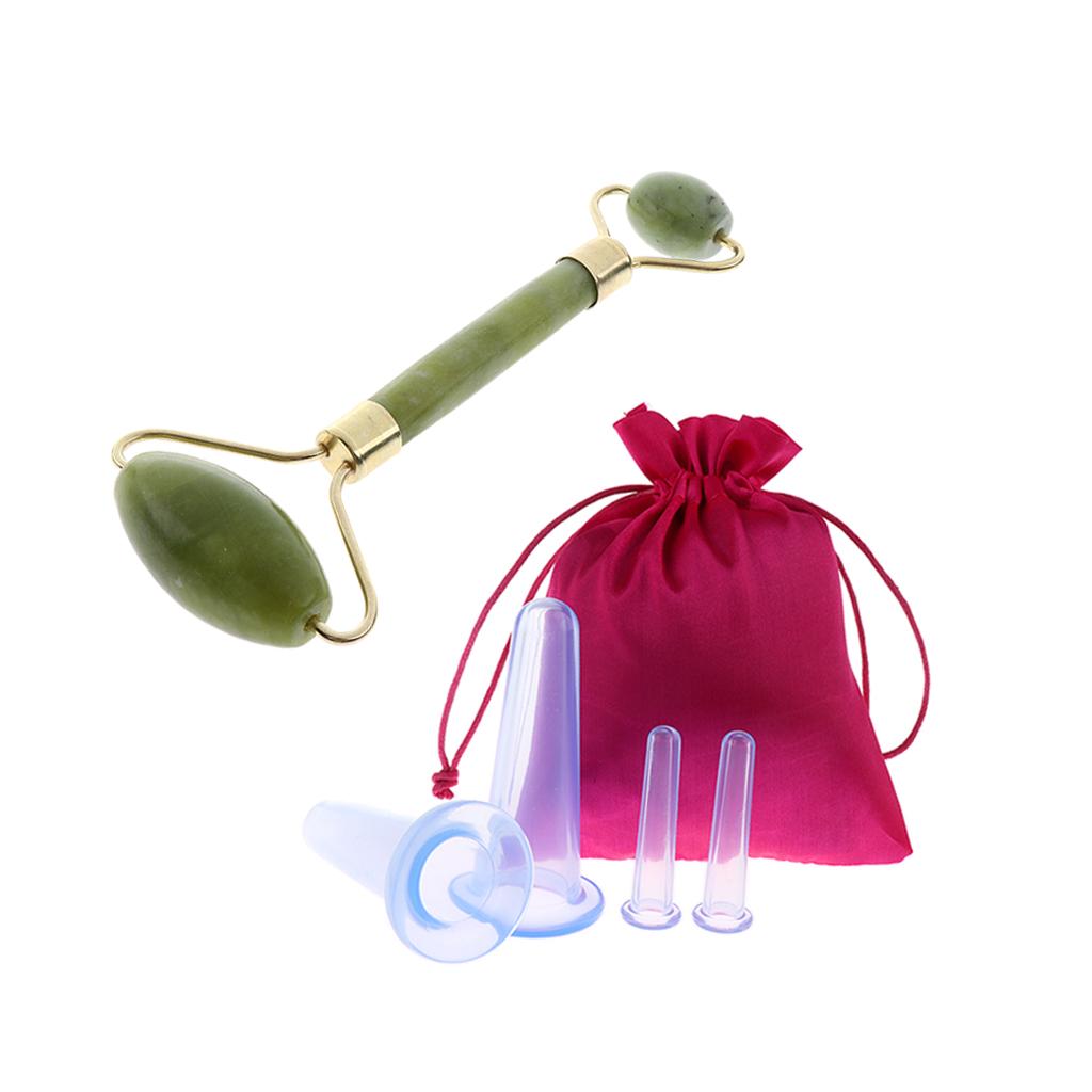 4pcs Silicone Anti Cellulite Massage Vacuum Cupping Cups Set + Jade Roller