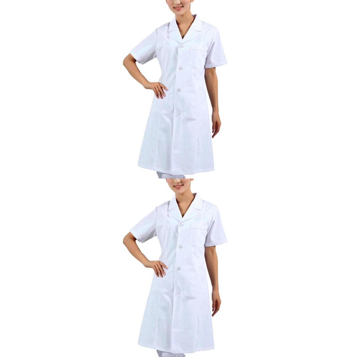 2Pcs Women's Short Sleeve White Scrubs Lab Coat Doctor Nurse Uniform