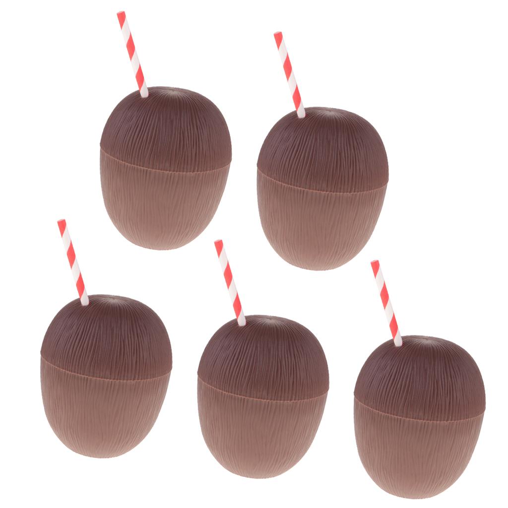 5 Pieces Plastic Coconut Drink Cup Straw Hawaiian Beach Luau Party Tableware