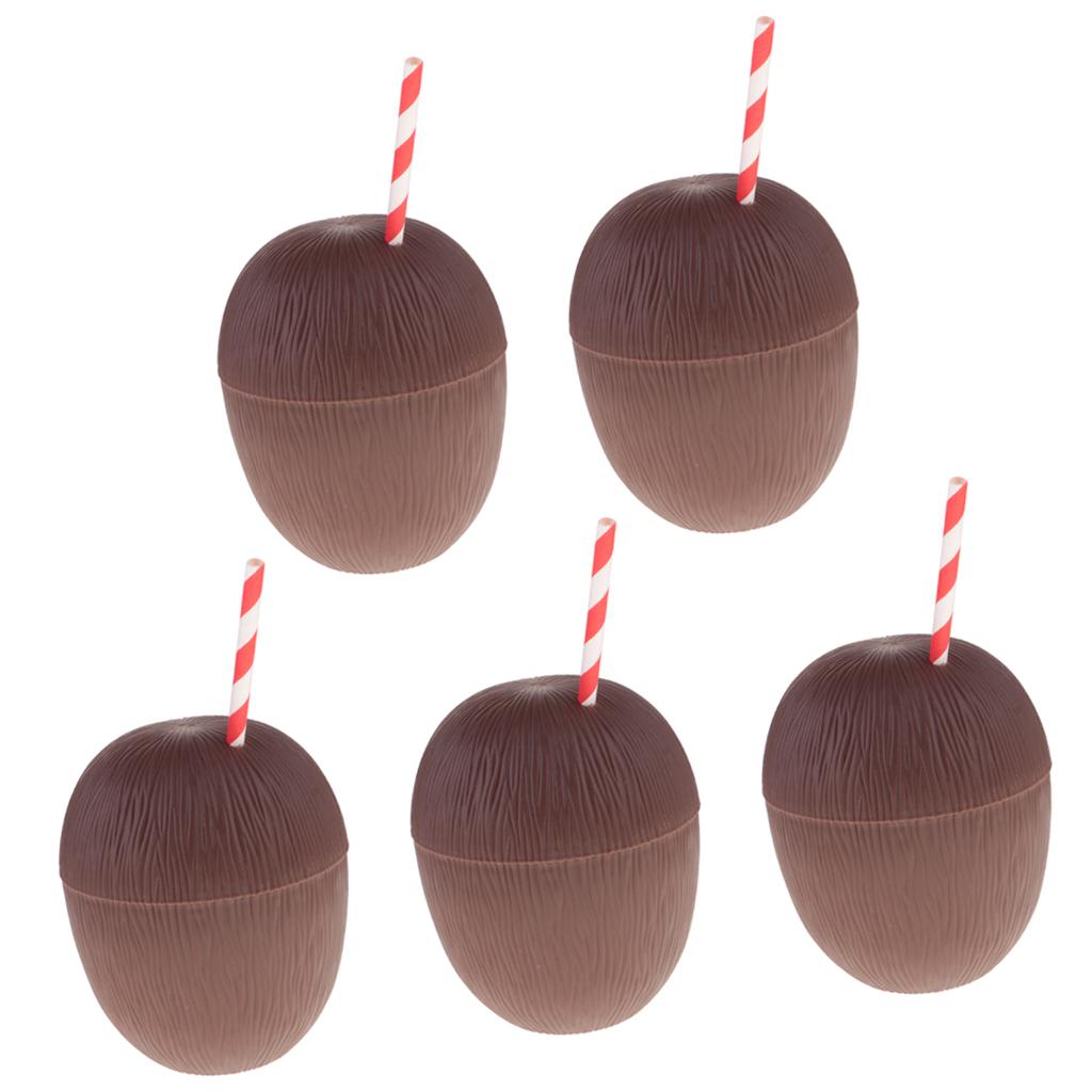 5 Pieces Plastic Coconut Drink Cup Straw Hawaiian Beach Luau Party Tableware