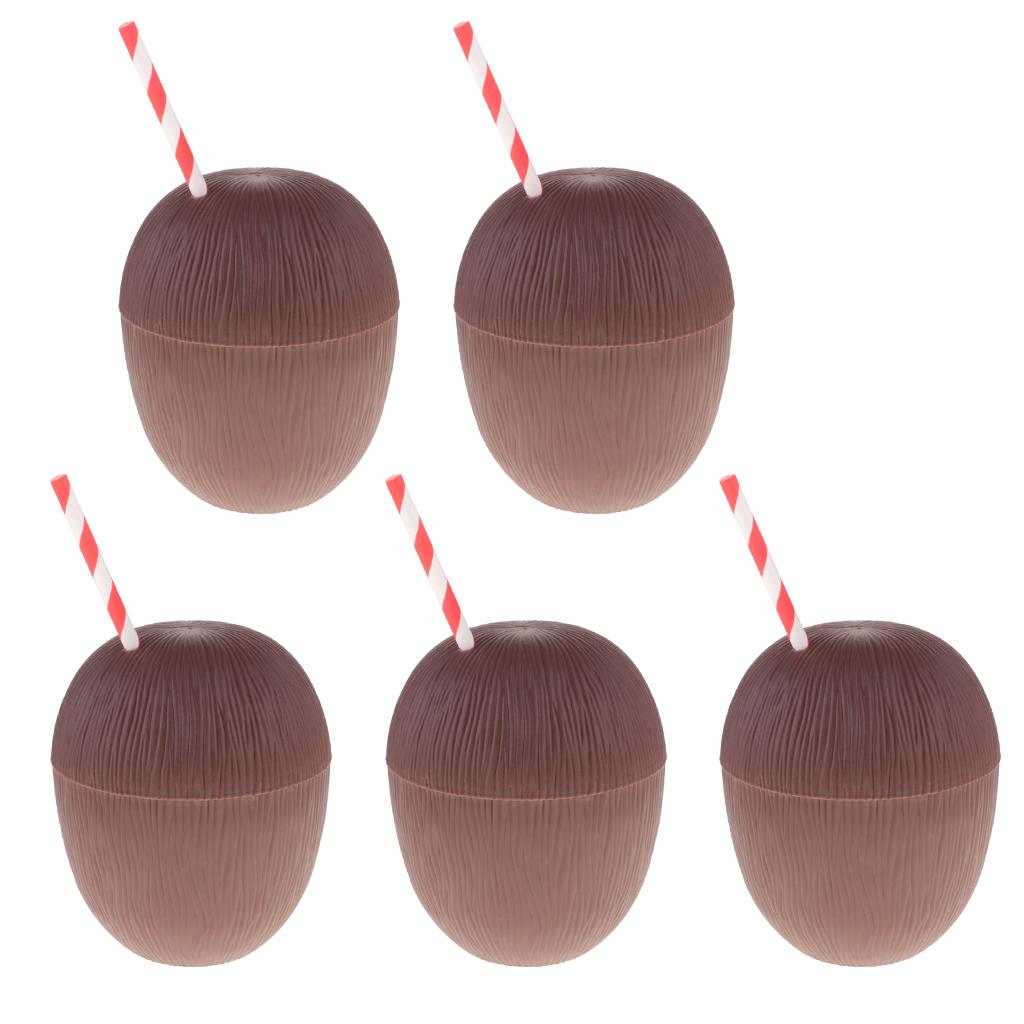 5 Pieces Plastic Coconut Drink Cup Straw Hawaiian Beach Luau Party Tableware