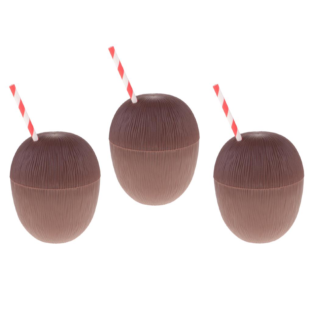 3 Pieces Plastic Fruit Coconut Drink Cup Straw Hawaiian Luau Tropical Party