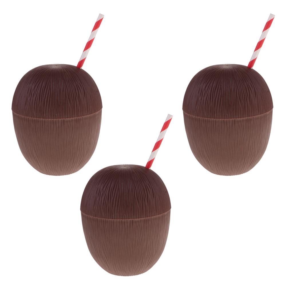 3 Pieces Plastic Fruit Coconut Drink Cup Straw Hawaiian Luau Tropical Party