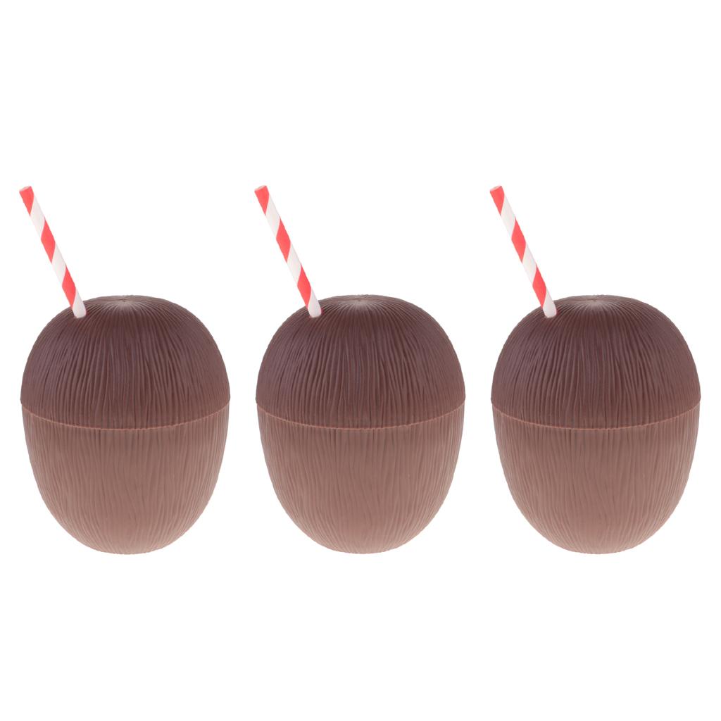 3 Pieces Plastic Fruit Coconut Drink Cup Straw Hawaiian Luau Tropical Party