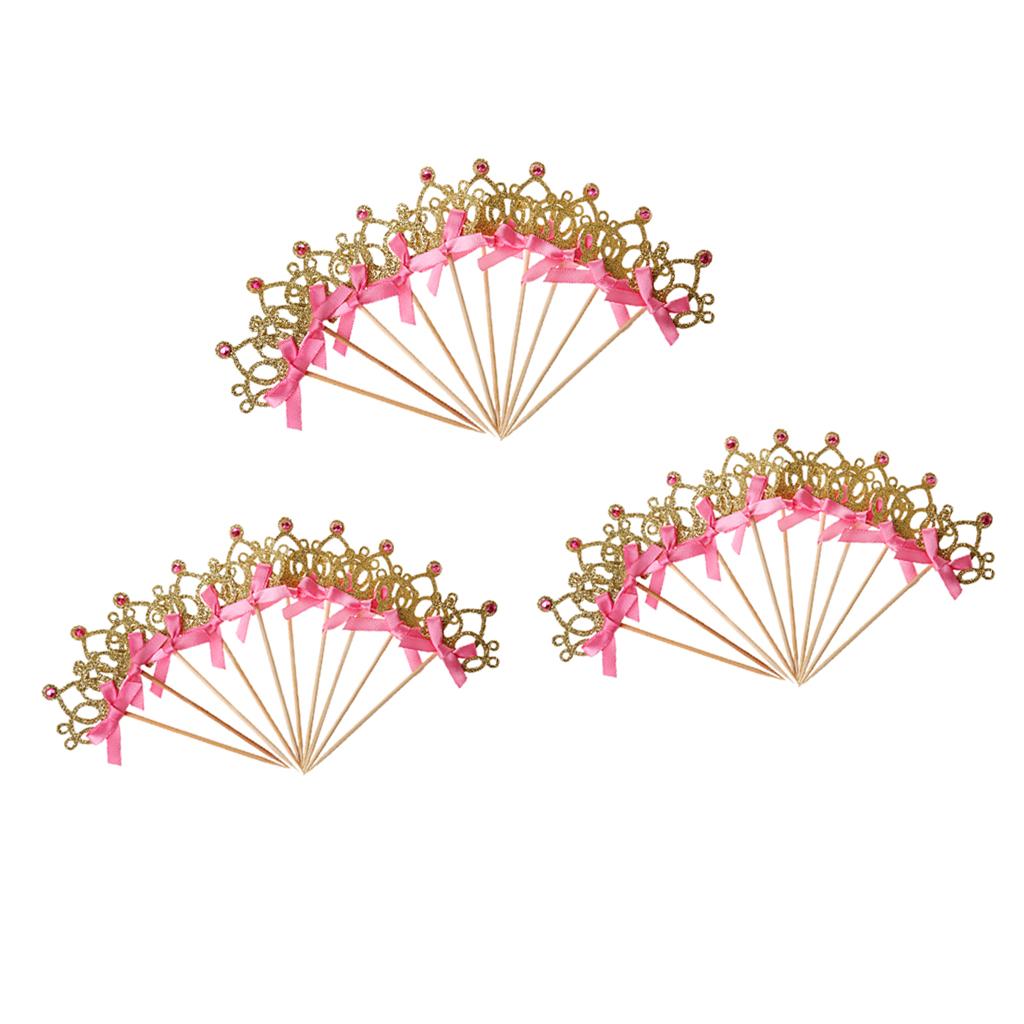 30 Pieces Pretty Crown Cake Topper Food Picks with Ribbon Pink and Gold