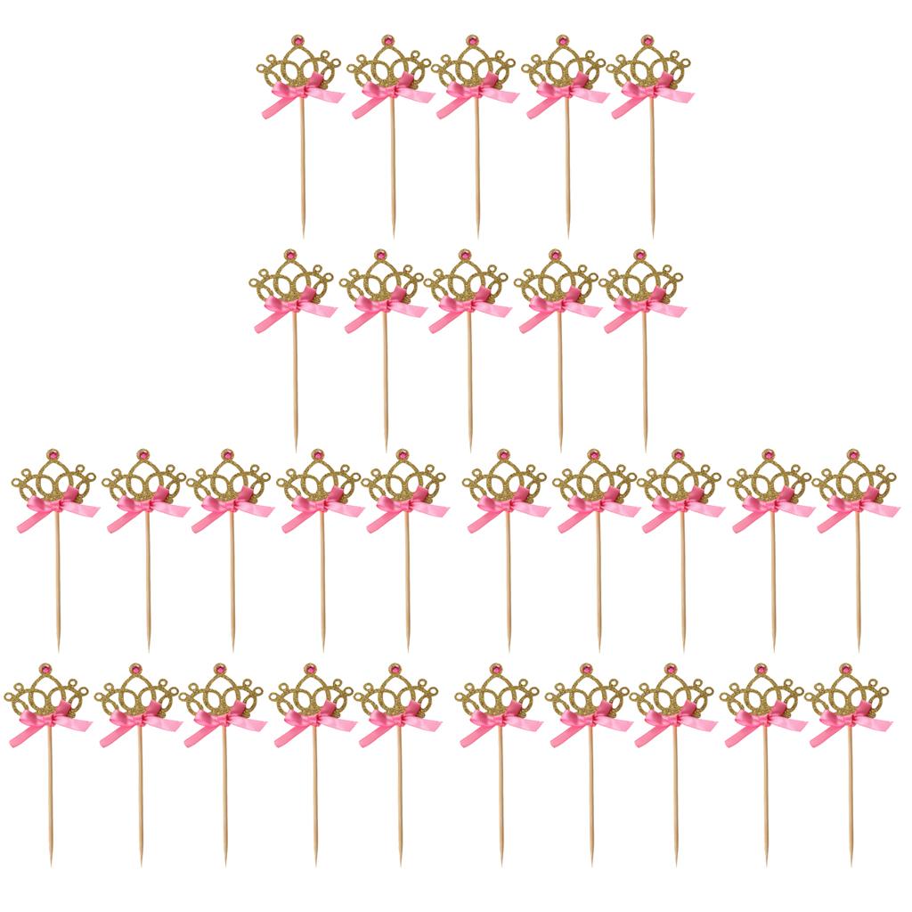 30 Pieces Pretty Crown Cake Topper Food Picks with Ribbon Pink and Gold