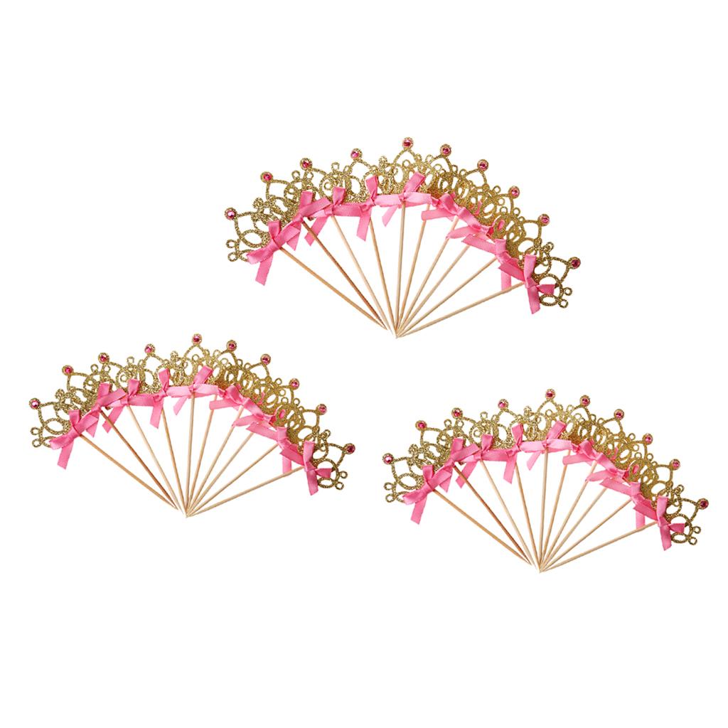 30 Pieces Pretty Crown Cake Topper Food Picks with Ribbon Pink and Gold