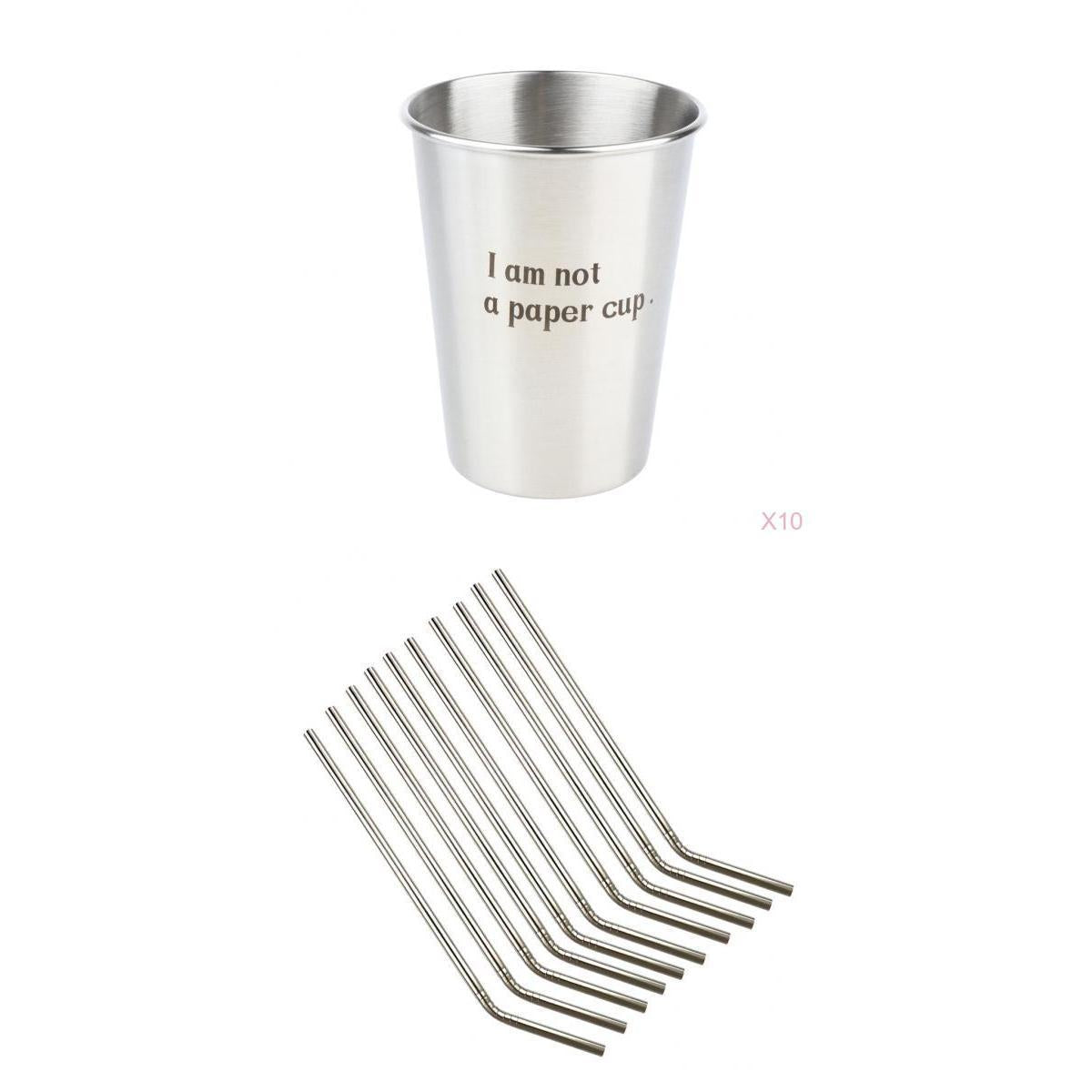 10 Pieces Reusable Stainless Steel Curved Drinking Straws and 10 Pieces Cups