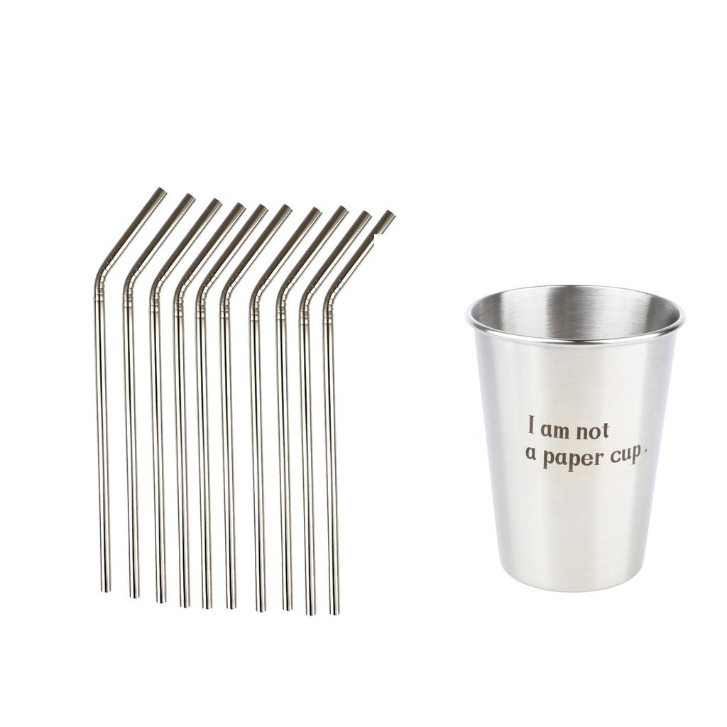 10 Pieces Reusable Stainless Steel Curved Drinking Straws and 10 Pieces Cups