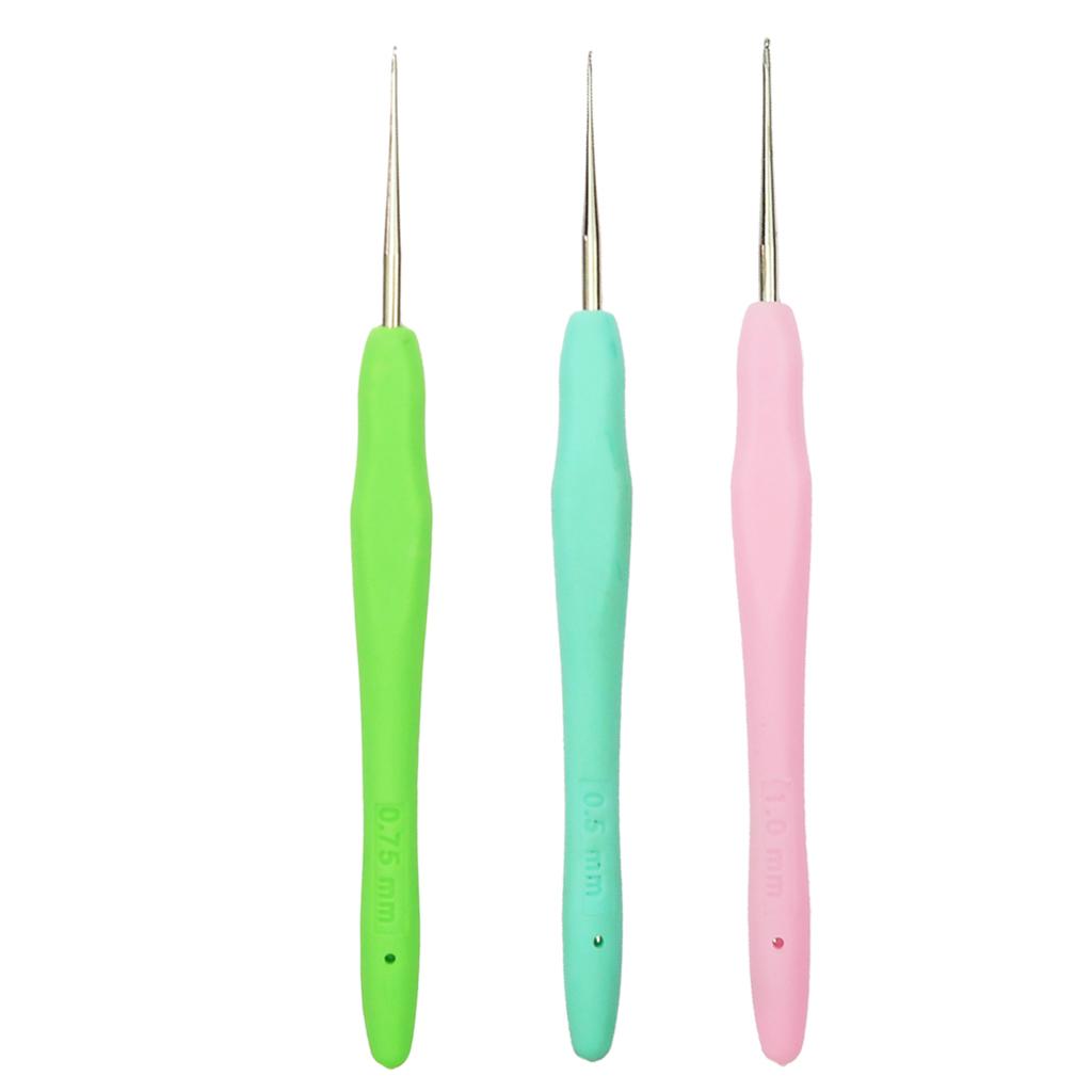 3pcs Soft Grip Handle Metal Crochet Hook for Hand Sewing Arts Tool 0.5-1mm