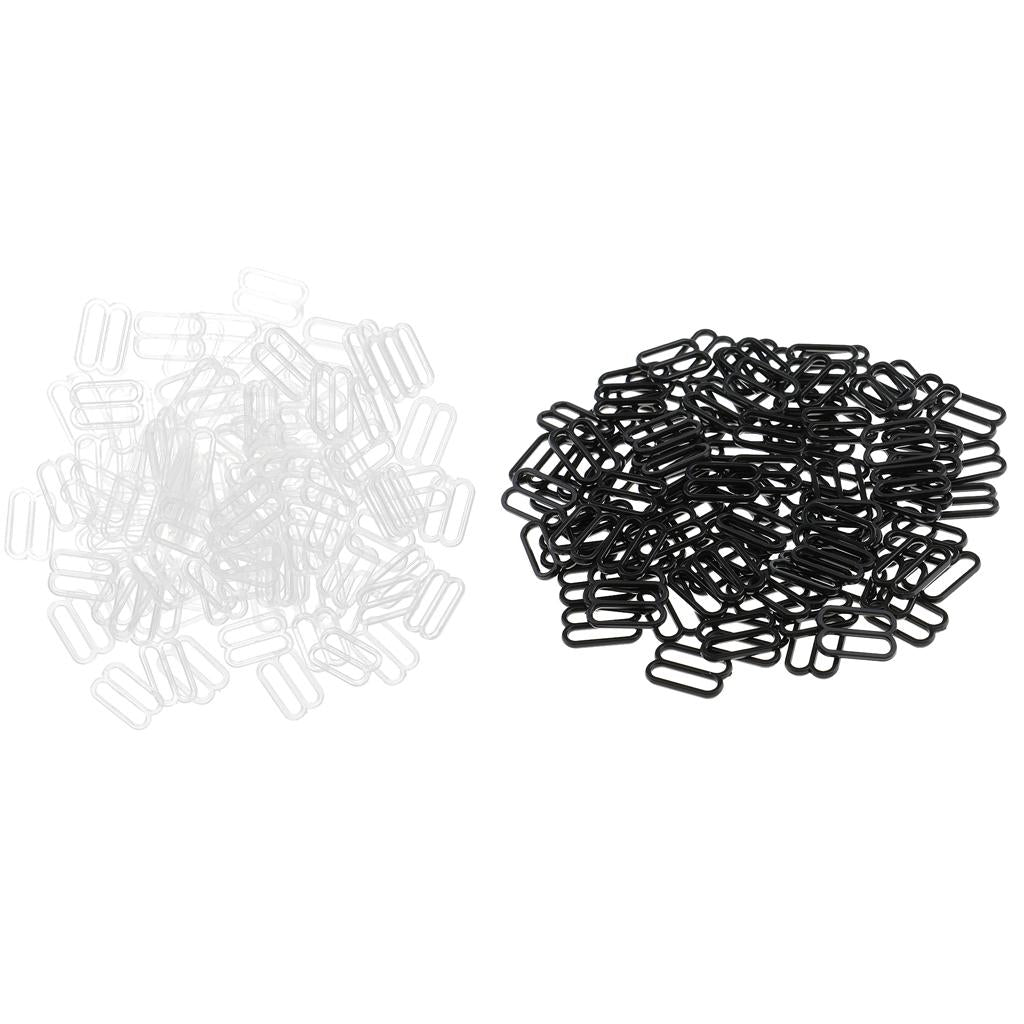 200Pcs Plastic Bra Lingerie Strap Clips Hook Slider Buckle 15mm Clear Black
